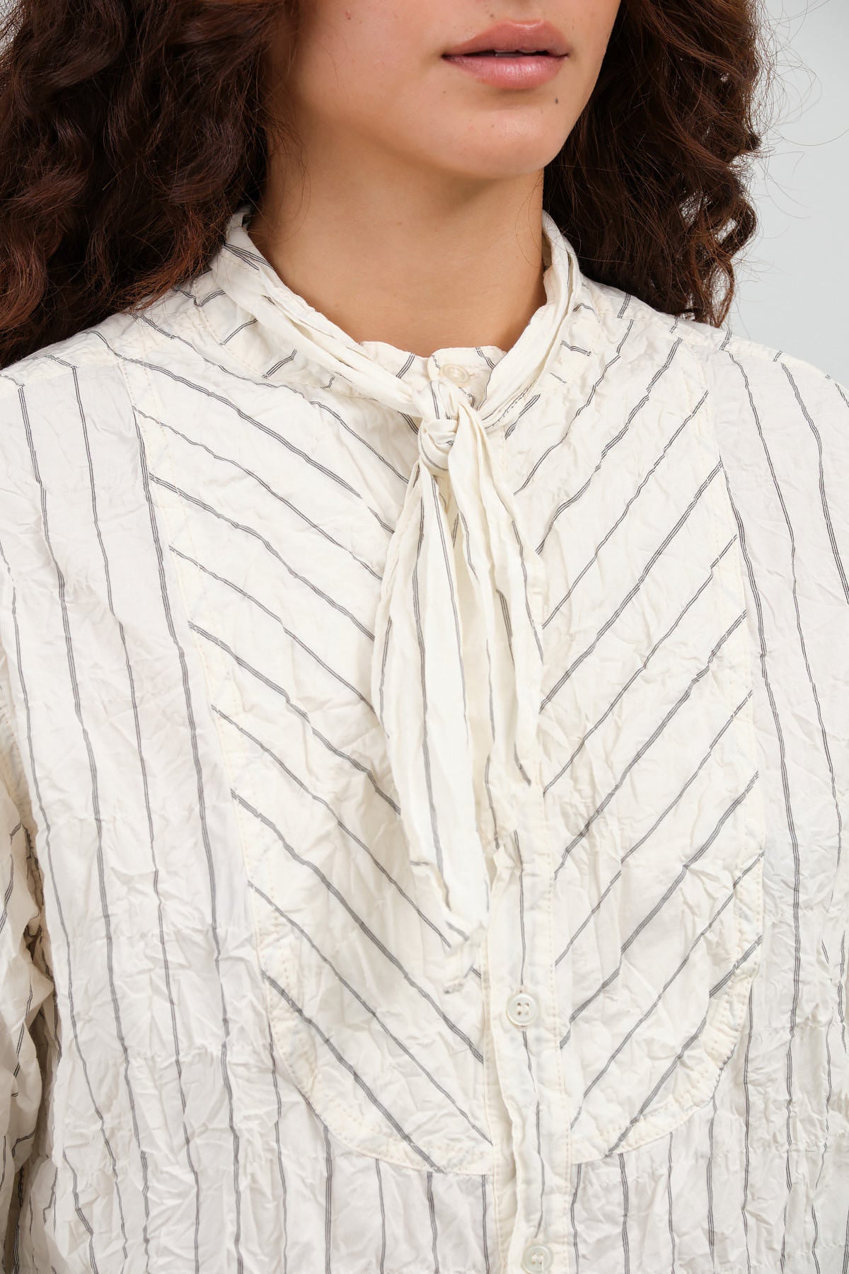 Ivory Crinkle Cotton Striped Tie Neck Blouse by Pas de Calais 