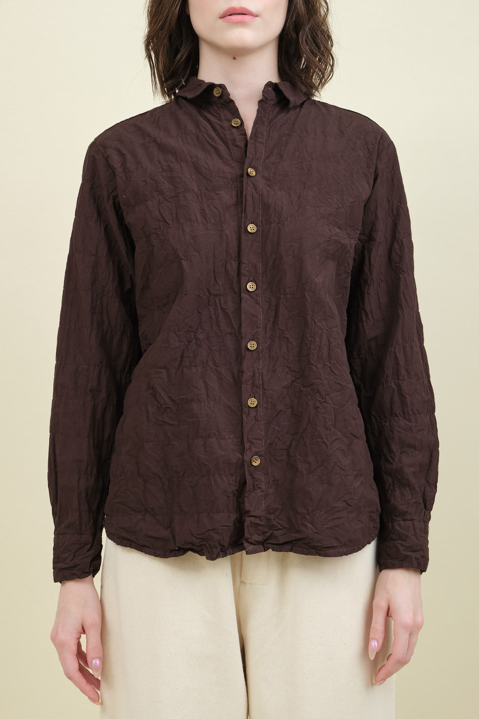 Front of Crinkle Finish Fitted Shirt in Brown