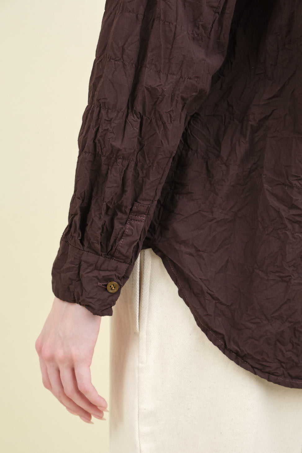 Side slit and cuff detailing on Crinkle Finish Fitted Shirt in Brown