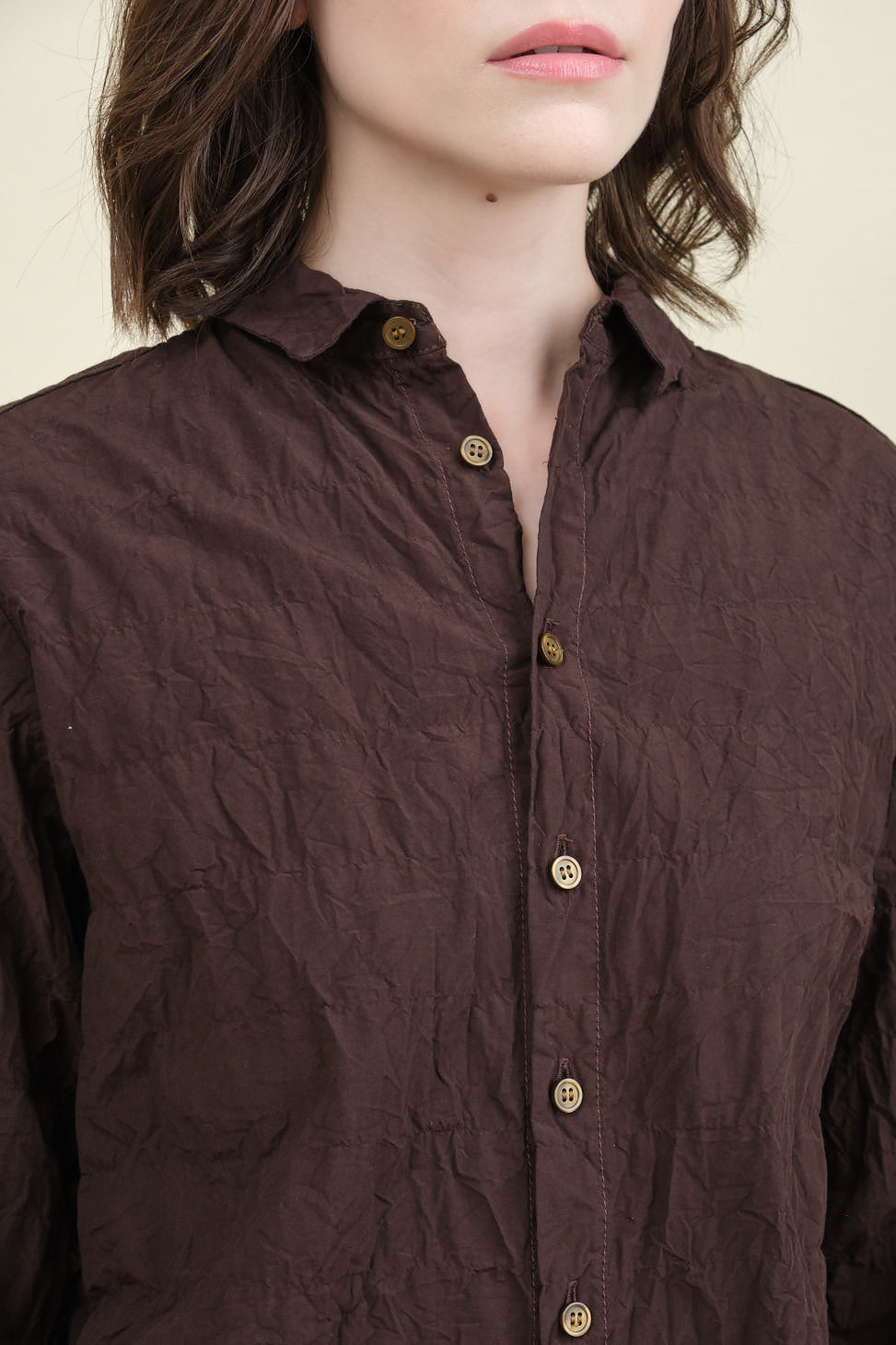 Neckline on Crinkle Finish Fitted Shirt in Brown