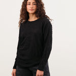Pas de Calais Apparel Womens Blouses Crinkle-Finish Wool Gauze Jersey Crewneck Pullover in Black