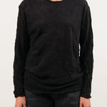 Pas de Calais Apparel Womens Blouses Crinkle-Finish Wool Gauze Jersey Crewneck Pullover in Black