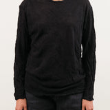 Pas de Calais Apparel Womens Blouses Crinkle-Finish Wool Gauze Jersey Crewneck Pullover in Black