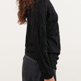 Pas de Calais Apparel Womens Blouses Crinkle-Finish Wool Gauze Jersey Crewneck Pullover in Black