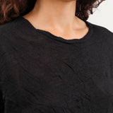 Pas de Calais Apparel Womens Blouses Crinkle-Finish Wool Gauze Jersey Crewneck Pullover in Black