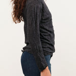 Pas de Calais Apparel Womens Blouses Crinkle-Finish Wool Gauze Jersey Crewneck Pullover in Charcoal