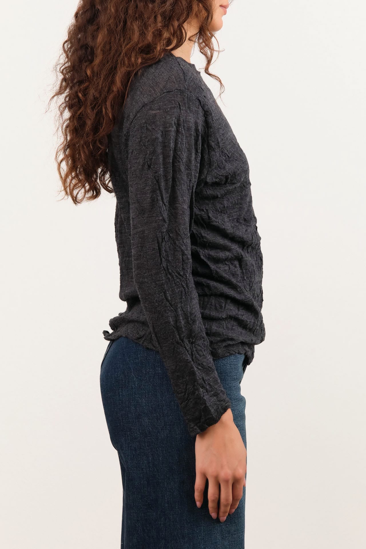 Pas de Calais Apparel Womens Blouses Crinkle-Finish Wool Gauze Jersey Crewneck Pullover in Charcoal