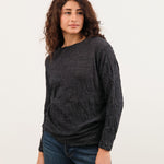 Pas de Calais Apparel Womens Blouses Crinkle-Finish Wool Gauze Jersey Crewneck Pullover in Charcoal