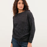 Pas de Calais Apparel Womens Blouses Crinkle-Finish Wool Gauze Jersey Crewneck Pullover in Charcoal