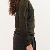 Pas de Calais Apparel Womens Blouses Crinkle-Finish Wool Gauze Jersey Crewneck Pullover in Khaki