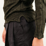 Pas de Calais Apparel Womens Blouses Crinkle-Finish Wool Gauze Jersey Crewneck Pullover in Khaki