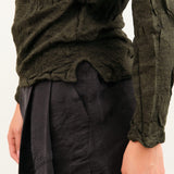 Pas de Calais Apparel Womens Blouses Crinkle-Finish Wool Gauze Jersey Crewneck Pullover in Khaki