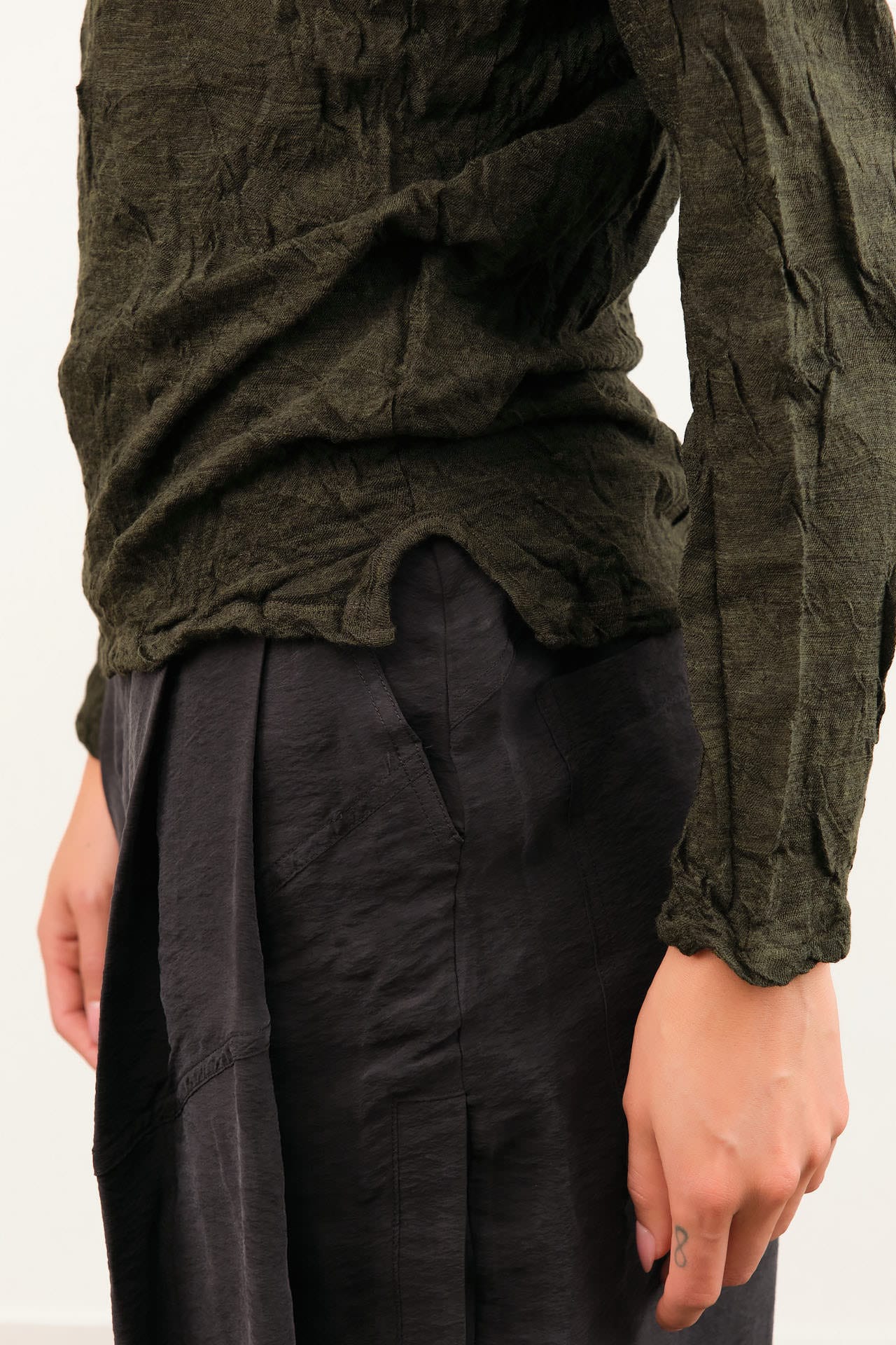 Pas de Calais Apparel Womens Blouses Crinkle-Finish Wool Gauze Jersey Crewneck Pullover in Khaki