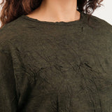 Pas de Calais Apparel Womens Blouses Crinkle-Finish Wool Gauze Jersey Crewneck Pullover in Khaki