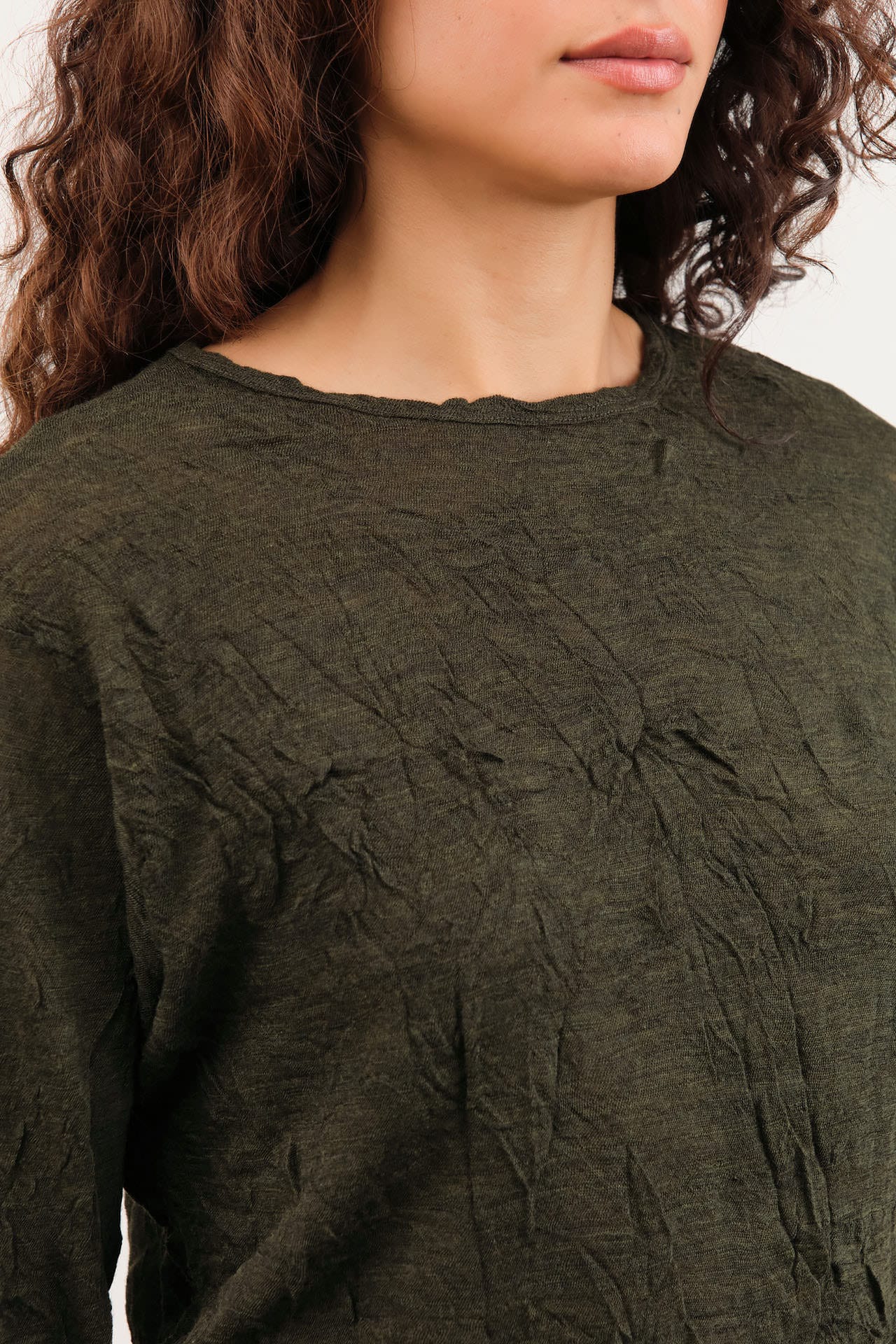 Pas de Calais Apparel Womens Blouses Crinkle-Finish Wool Gauze Jersey Crewneck Pullover in Khaki