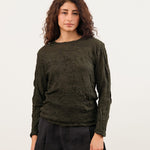 Pas de Calais Apparel Womens Blouses Crinkle-Finish Wool Gauze Jersey Crewneck Pullover in Khaki