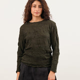 Pas de Calais Apparel Womens Blouses Crinkle-Finish Wool Gauze Jersey Crewneck Pullover in Khaki