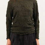 Pas de Calais Apparel Womens Blouses Crinkle-Finish Wool Gauze Jersey Crewneck Pullover in Khaki