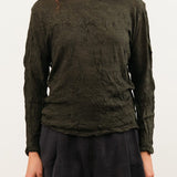Pas de Calais Apparel Womens Blouses Crinkle-Finish Wool Gauze Jersey Crewneck Pullover in Khaki