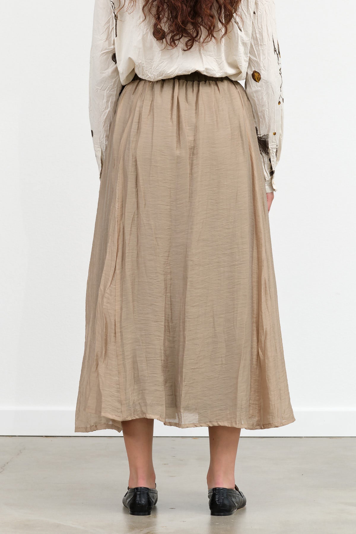 Crinkle Long Midi Skirt in Beige Green Cotton by Pas de Calais Designer Brand