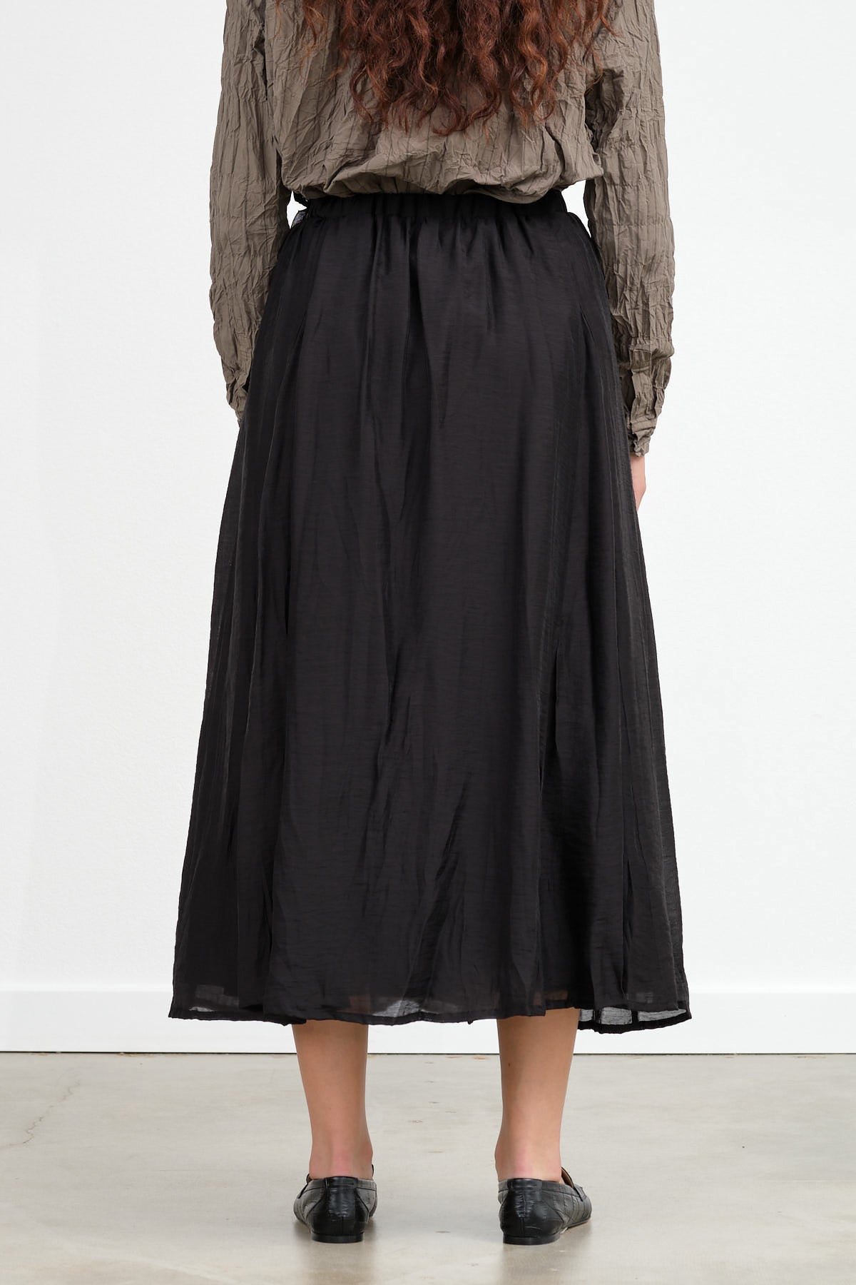 Crinkle Long Midi Skirt in Black Cotton by Pas de Calais Designer Brand