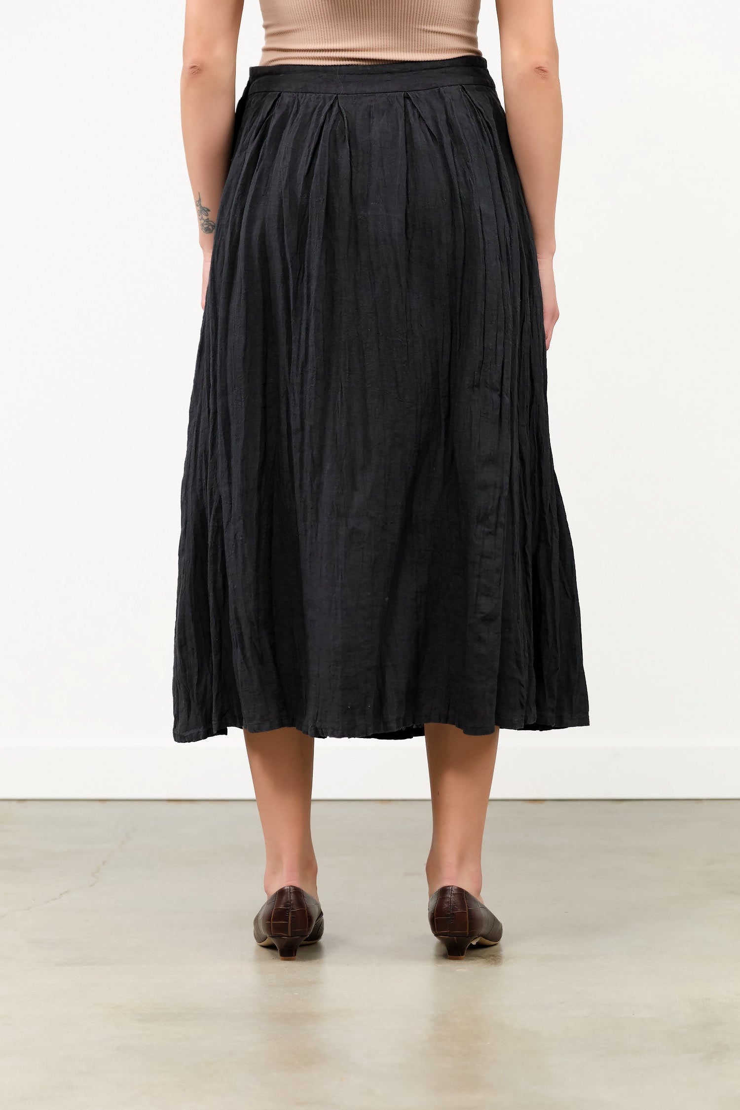 Midi French Linen Box Pleat Skirt in Black by Pas de Calais Designer Brand 