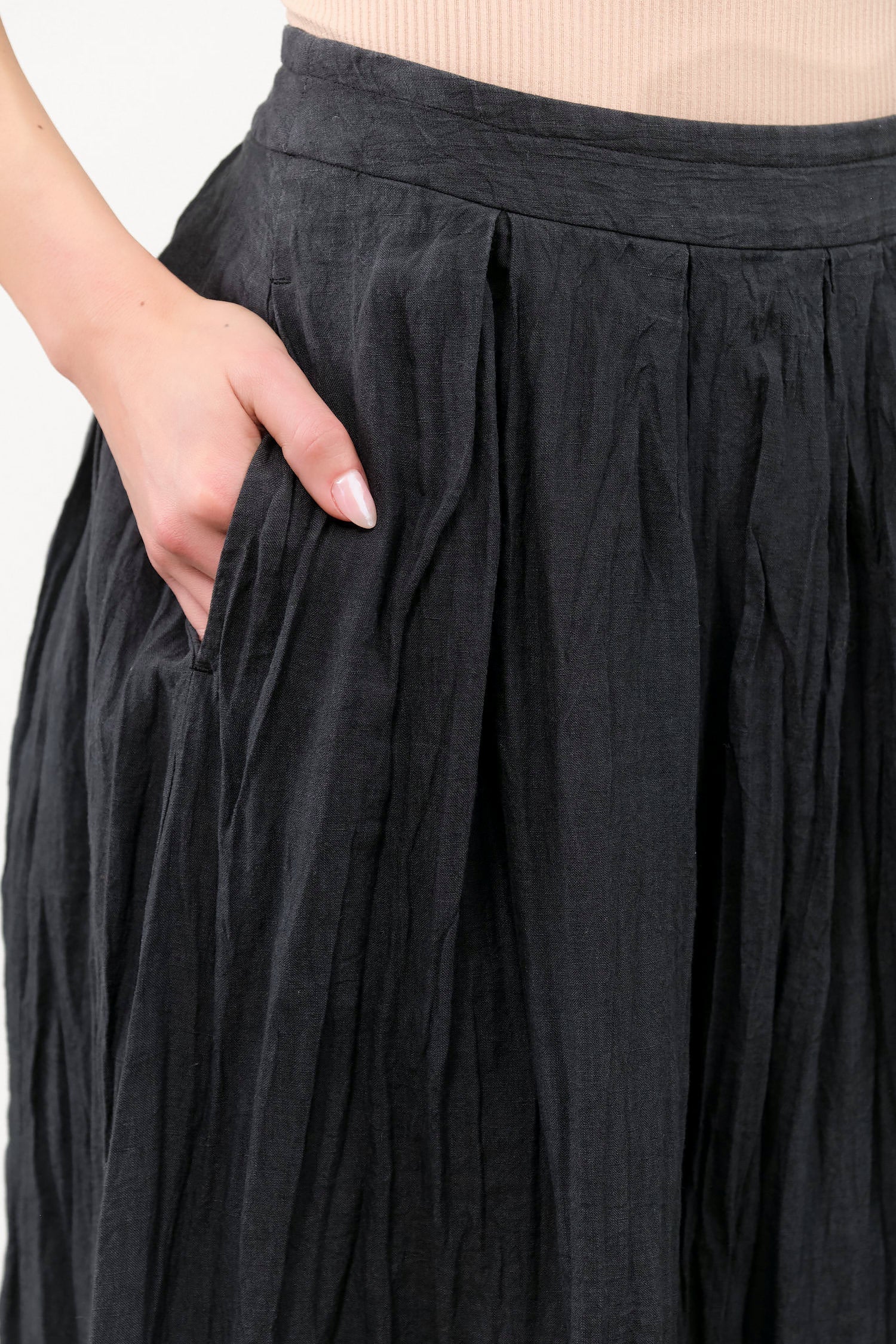 Black Midi French Linen Box Pleat Skirt by Pas de Calais Designer Brand 