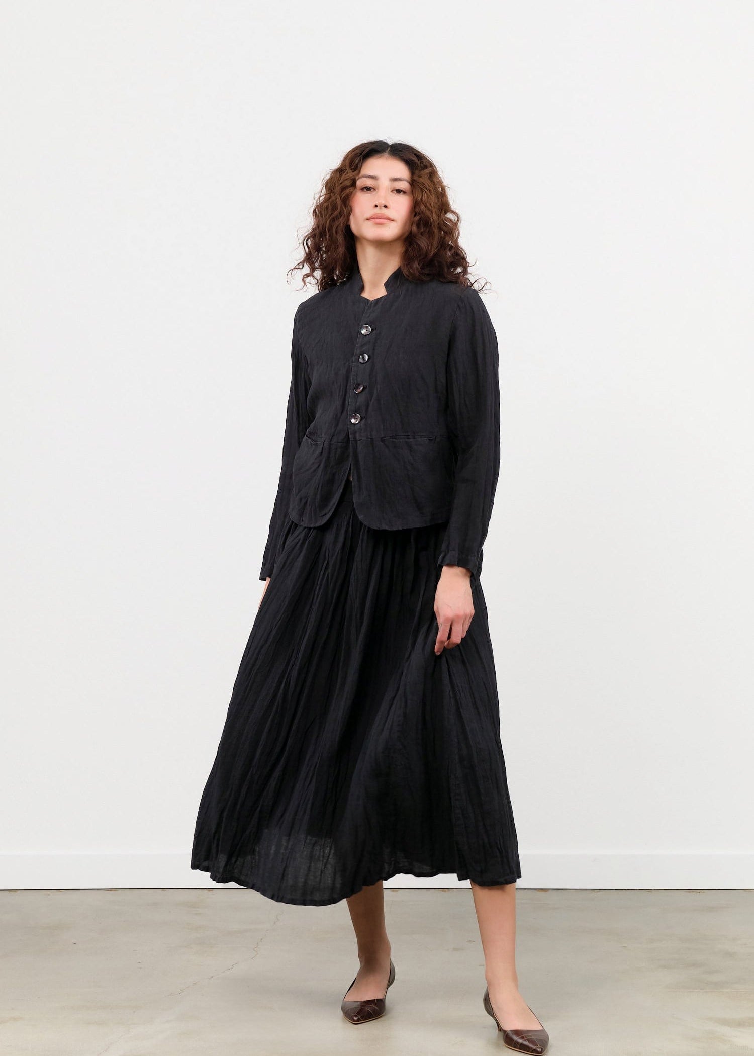 Pas de Calais Apparel Womens Skirts French Linen Box Pleat Skirt Black / 34