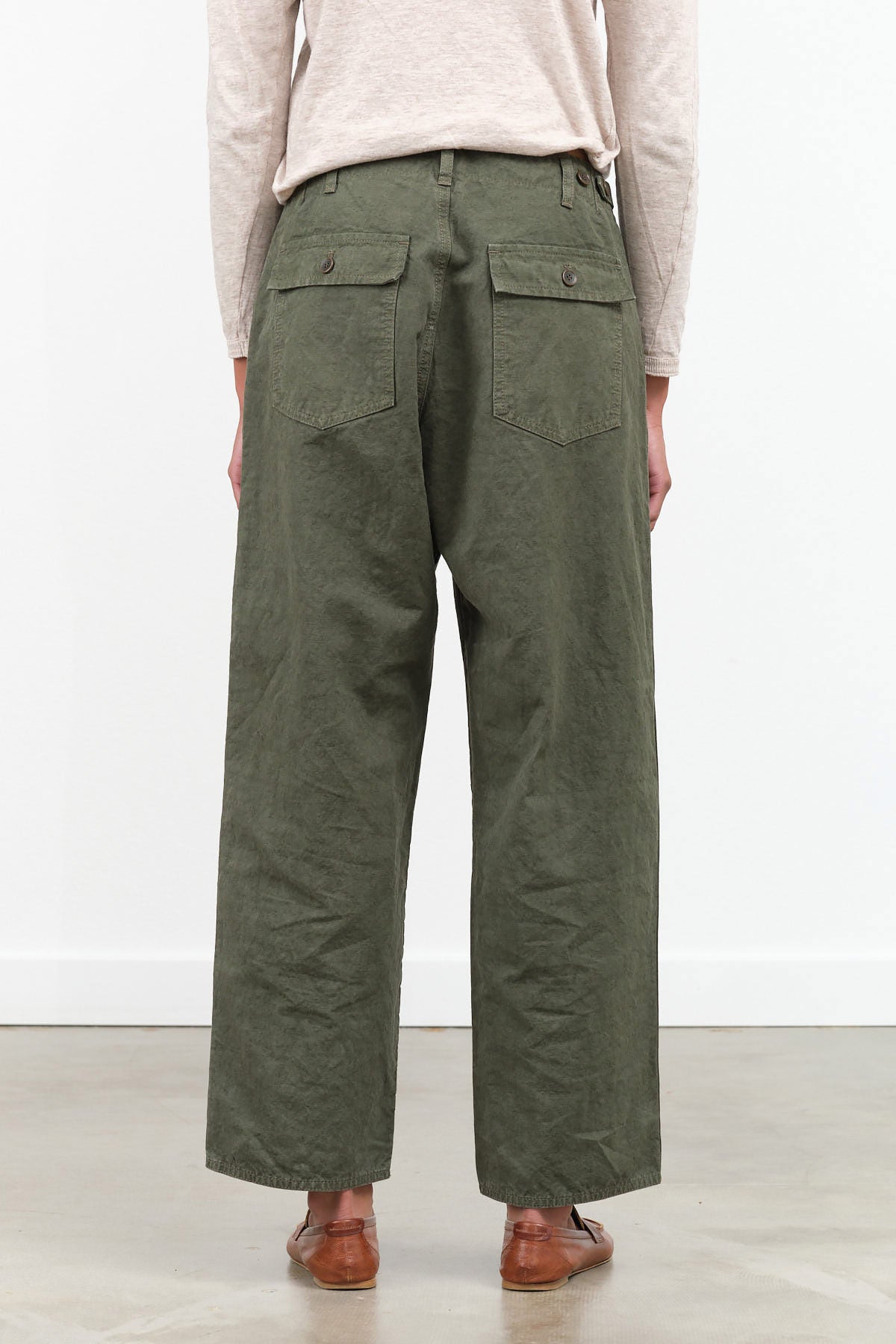 Khaki Green High Thread Count Cotton Linen Baker Pant Trouser with Pockets by Pas de Calais Designer Brand