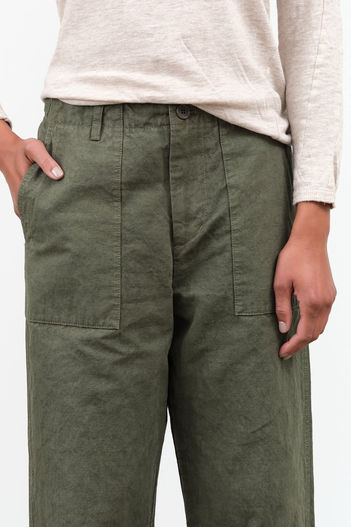 Khaki High Thread Count Cotton Linen Baker Pants by Pas de Calais