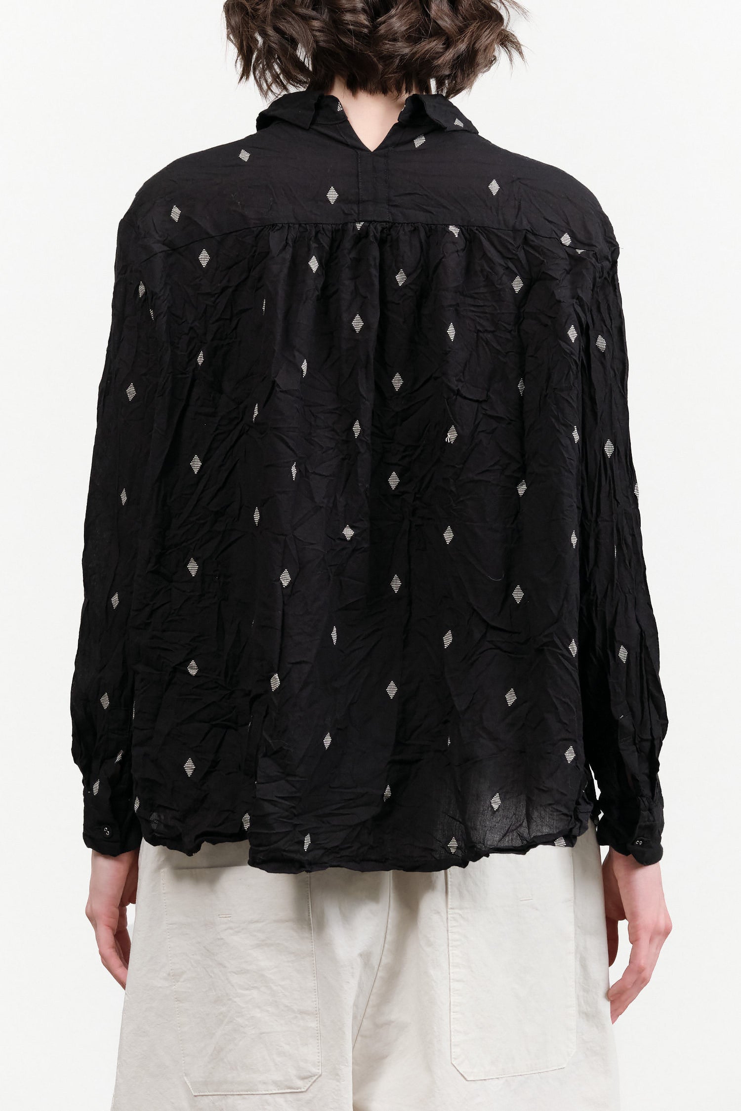 Black Pattern Button Up Indian Cotton Cut Dobby Blouse by Pas de Calais Designer Brand 