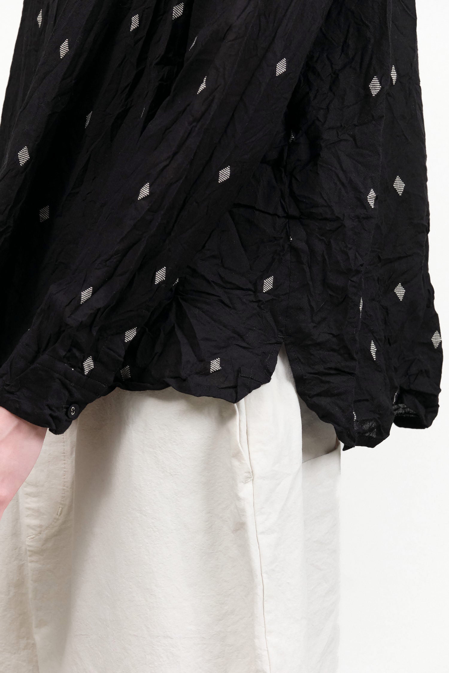 Button Up Indian Cotton Cut Dobby Blouse in Black Pattern by Pas de Calais Designer Brand 