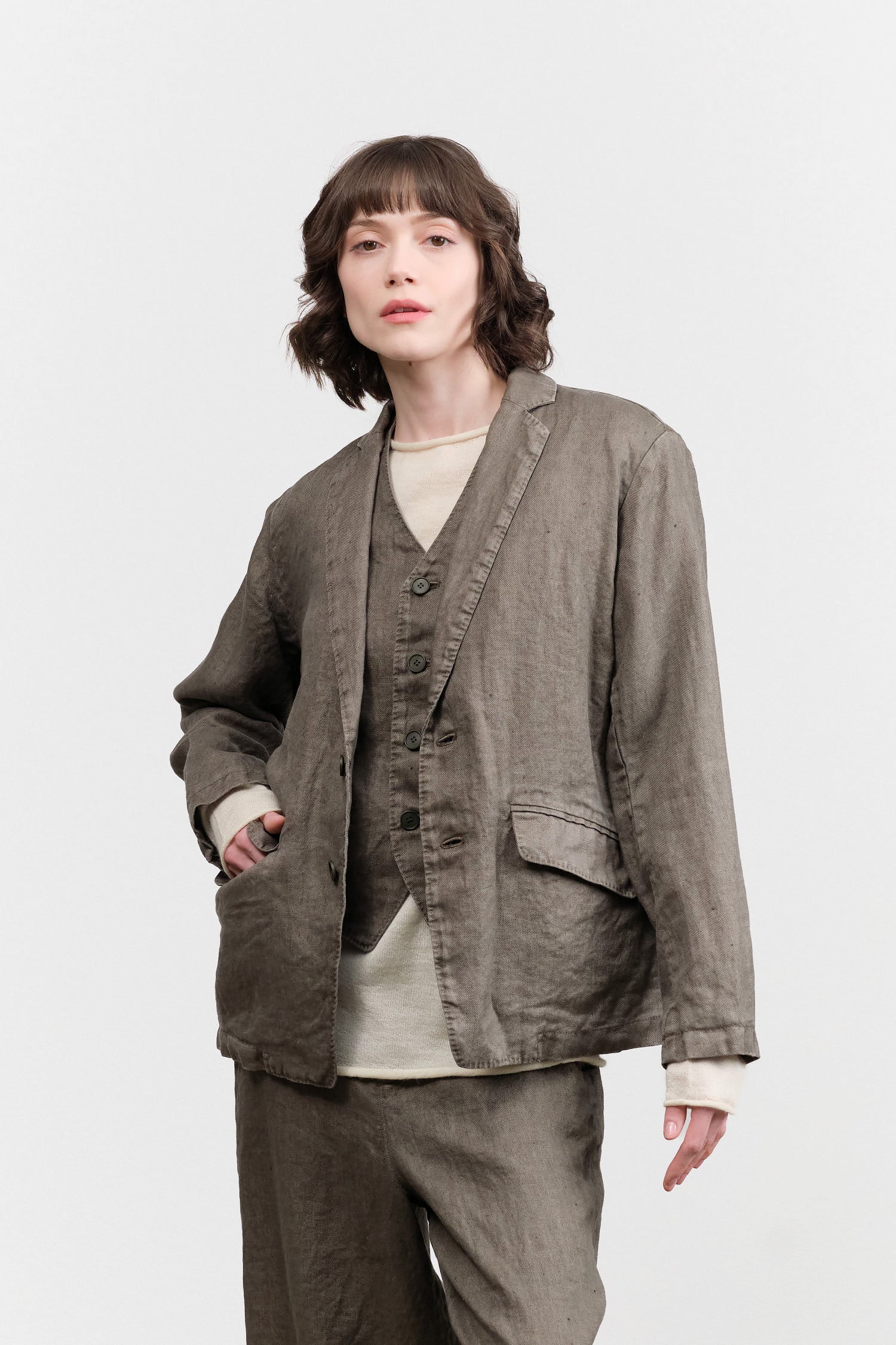 Pas de Calais Linen Twill Tailored Jacket in Khaki