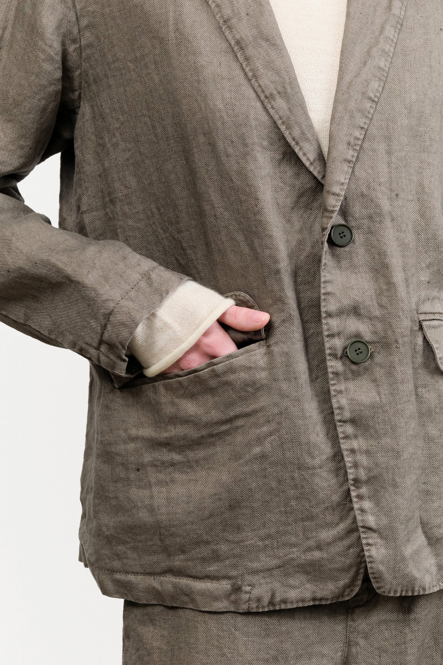 Linen Twill Tailored Button Up Jacket in Khaki Green by Pas de Calais Designer Brand