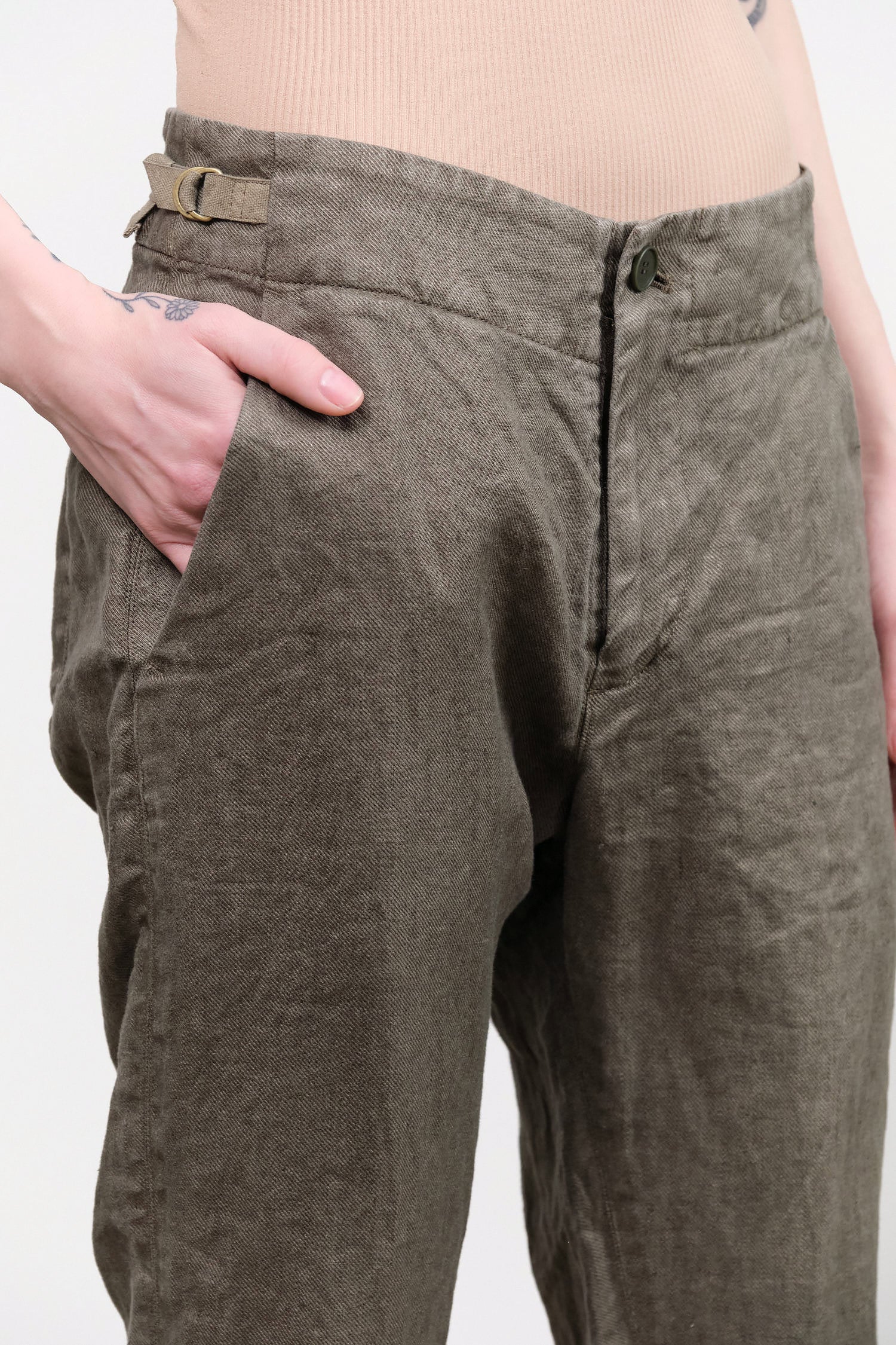 Khaki Linen Twill Tapered Pants by Pas de Calais