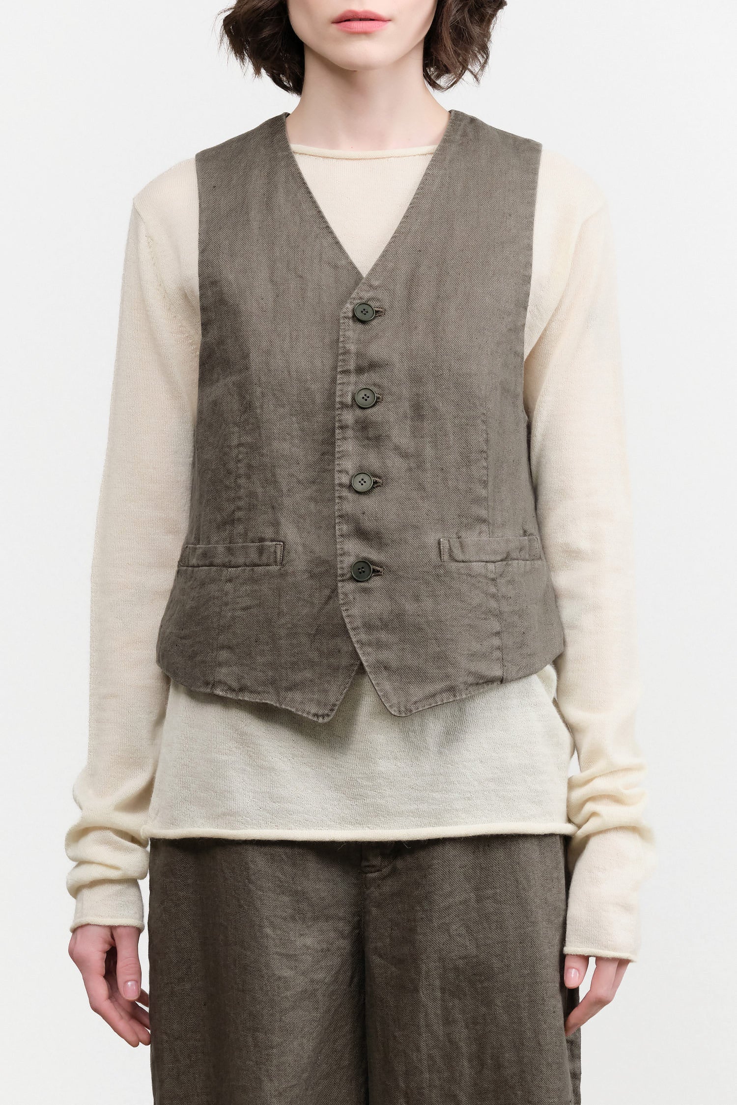 Linen Twill V-Neck Vest by Pas de Calais in Khaki