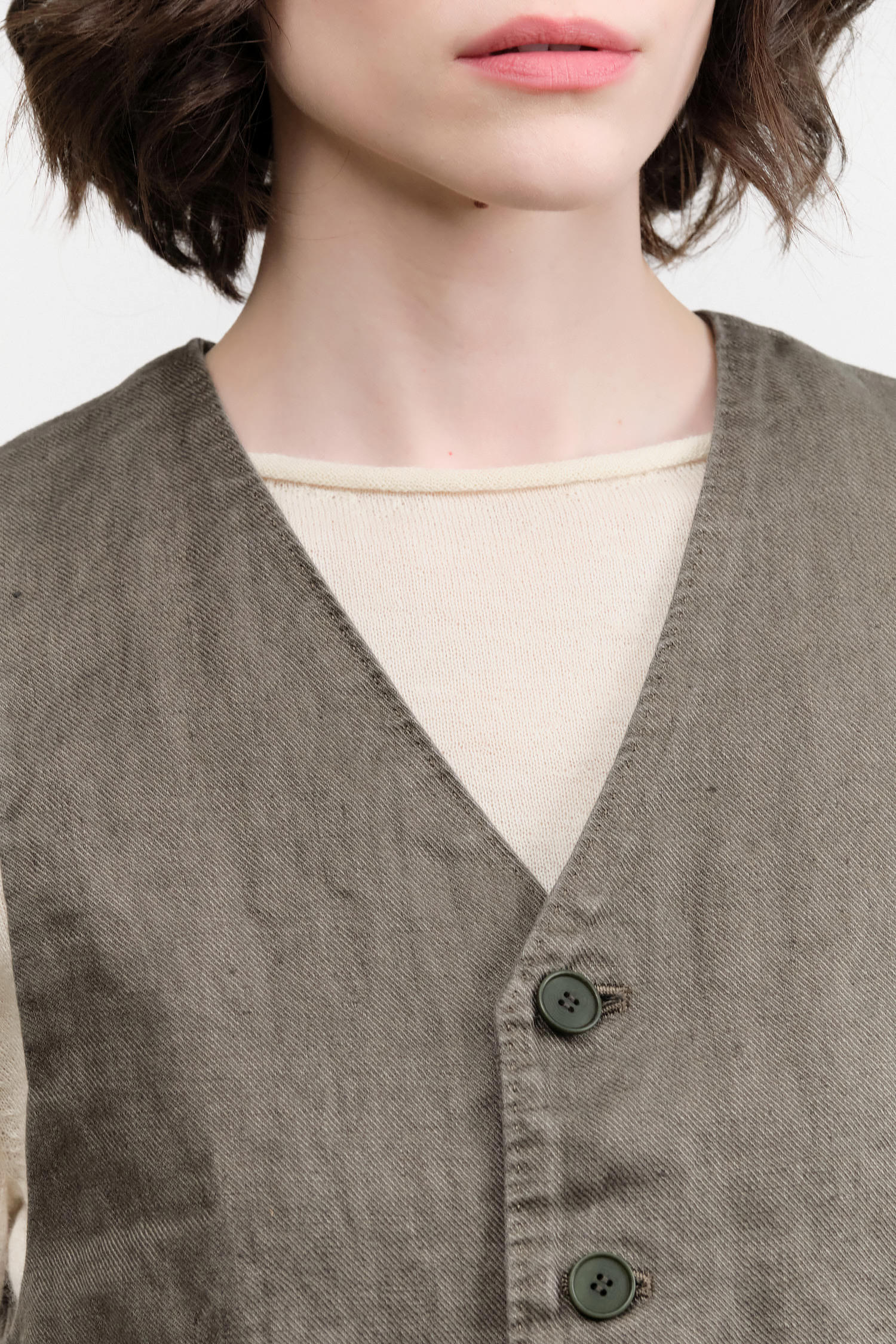 Khaki Linen Twill V-Neck Vest by Pas de Calais