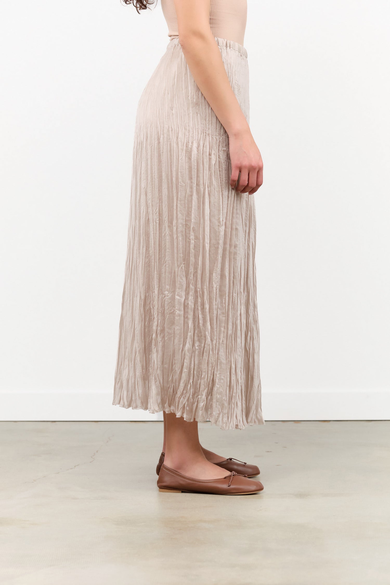 Pas de Calais Designer Brand Organdy Hand Pleated Long Skirt in Natural Tan White