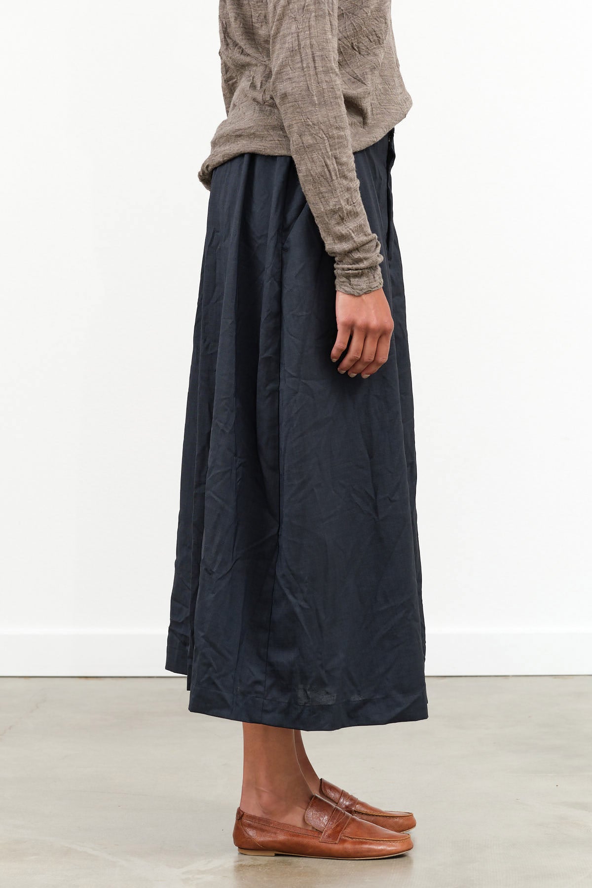 Pas de Calais Designer Brand Pin Dot Crinkle Midi Skirt With Button in Navy Blue 