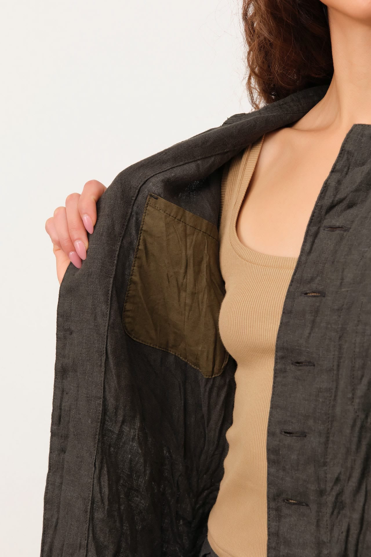 Pas de Calais Apparel Womens Jackets Washed Double-Sided Brushed Linen Canvas Shirt Jacket