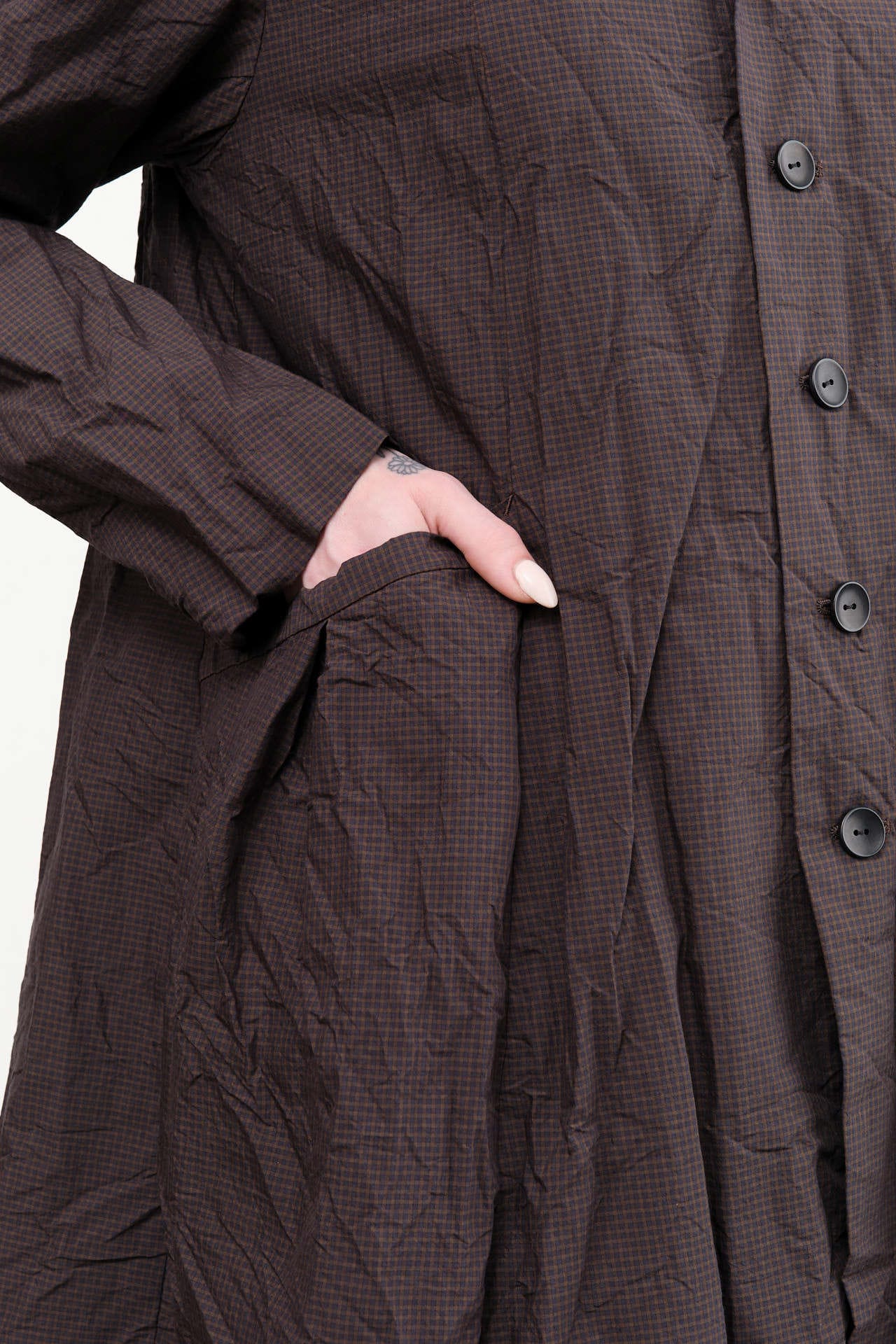 Pas de Calais Apparel Womens Outerwear Washed Organic Cotton ECOPET Mini Check Tailored Coat