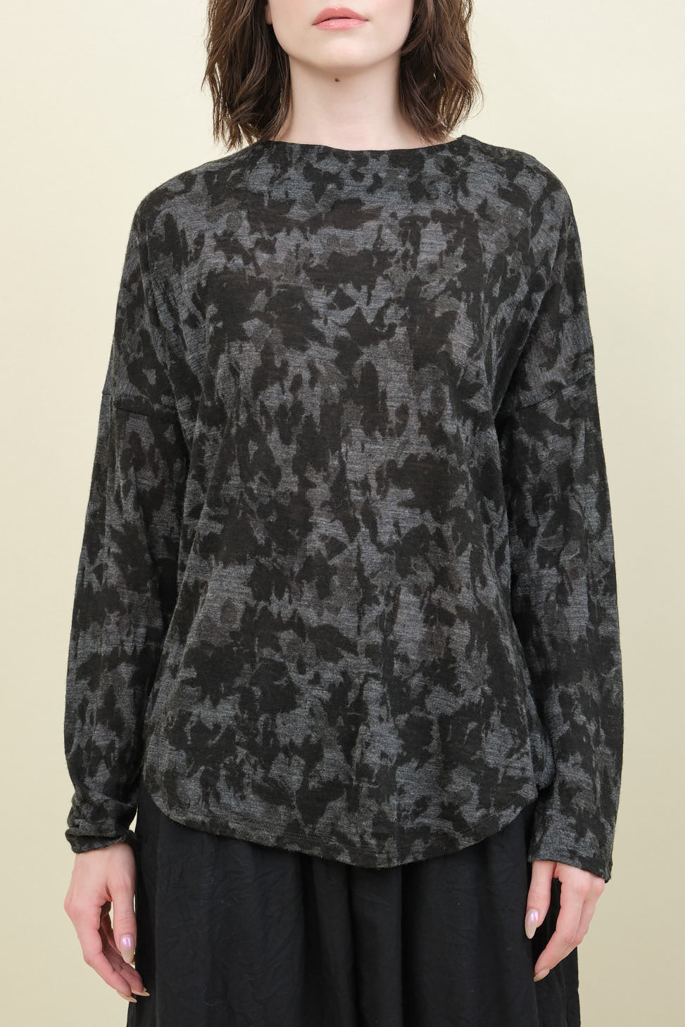 Front of Winter Leaves Print Jersey Pullover in Charcoal