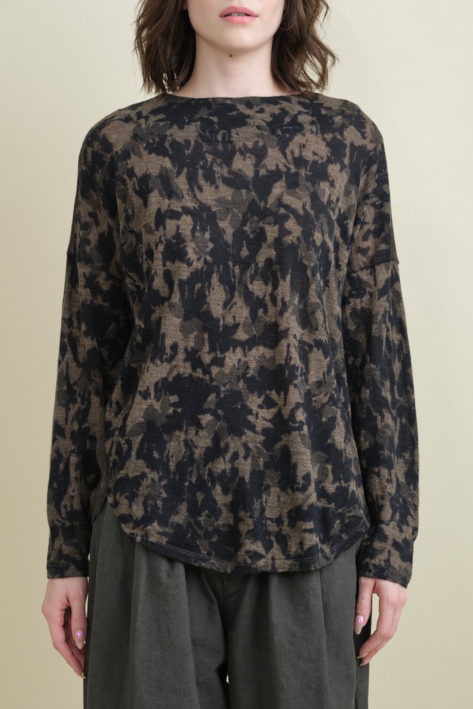 Front of Winter Leaves Print Jersey Pullover in Beige