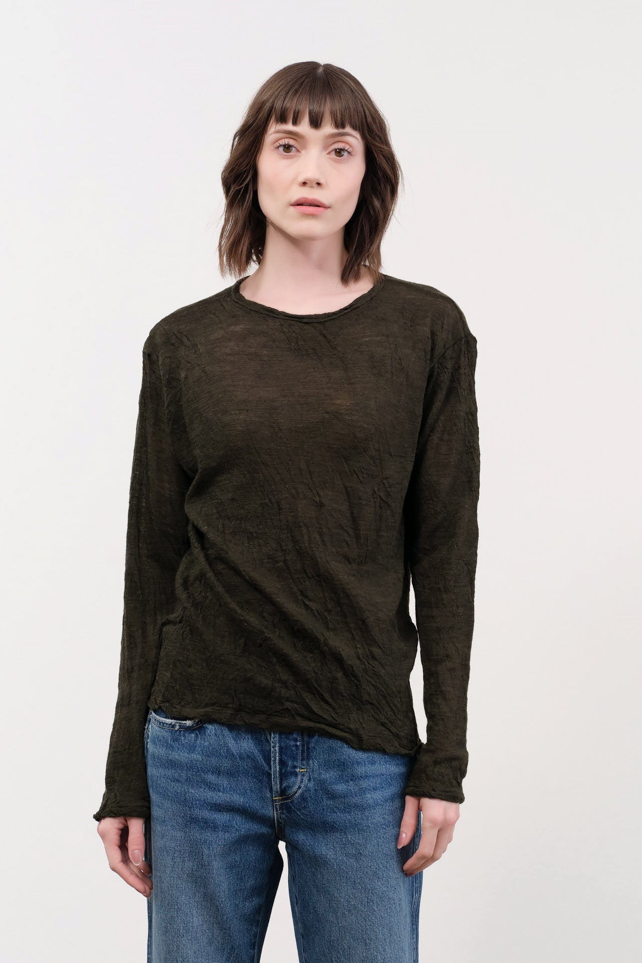 Pas de Calais Apparel Womens Sweaters Wool Gauze Crinkle Pullover Jersey in Khaki
