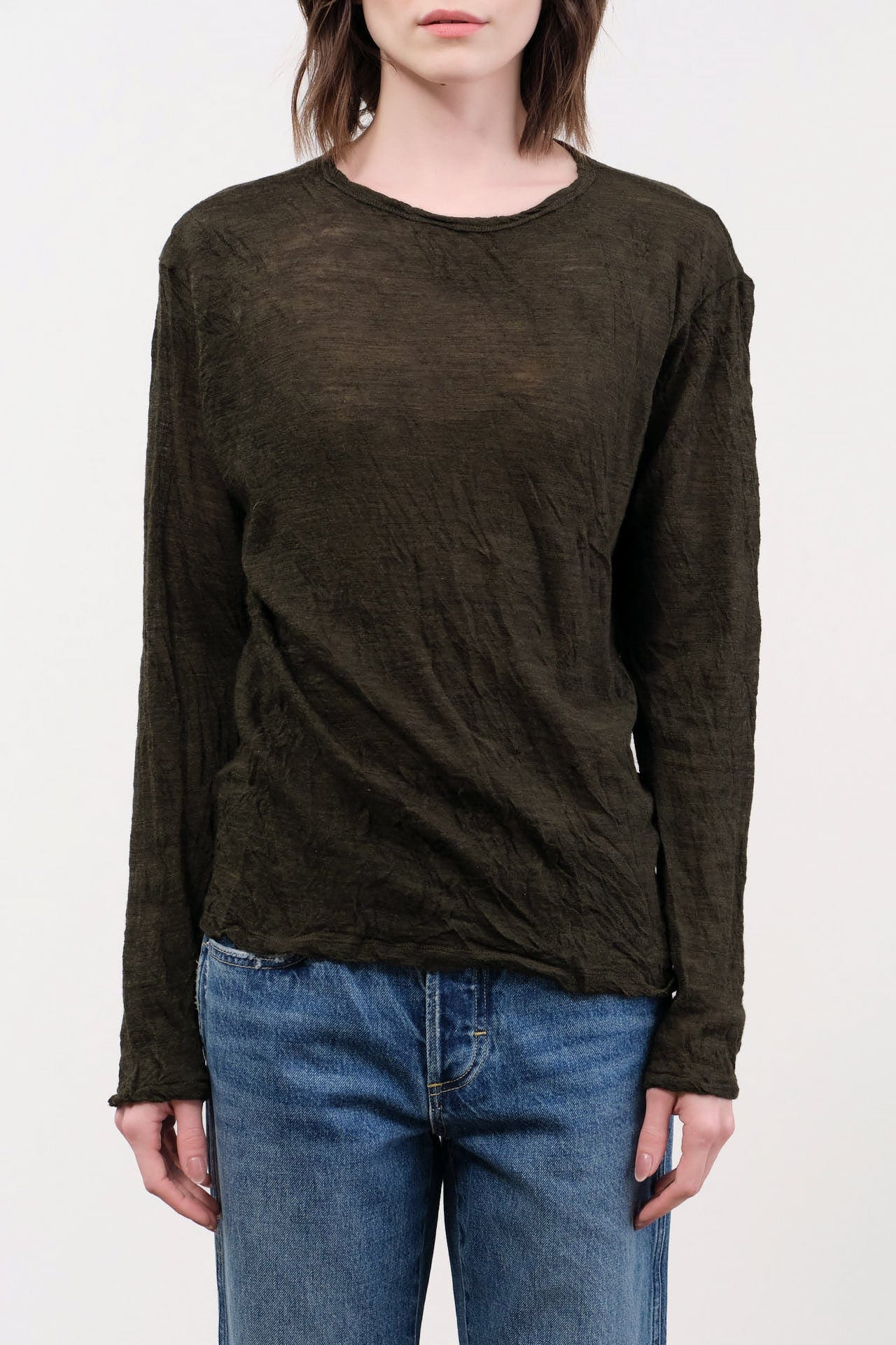Pas de Calais Apparel Womens Sweaters Wool Gauze Crinkle Pullover Jersey in Khaki