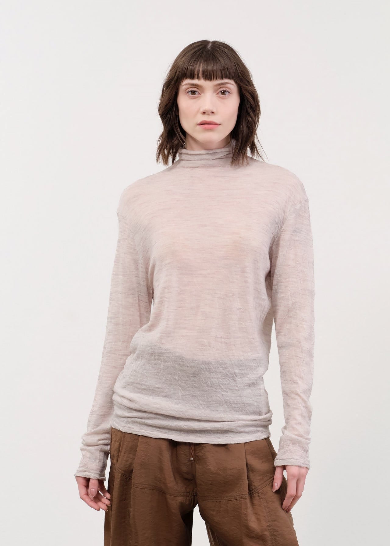 Pas de Calais Apparel Womens Sweaters Wool Gauze Crinkle Turtleneck Jersey Pullover in Ivory