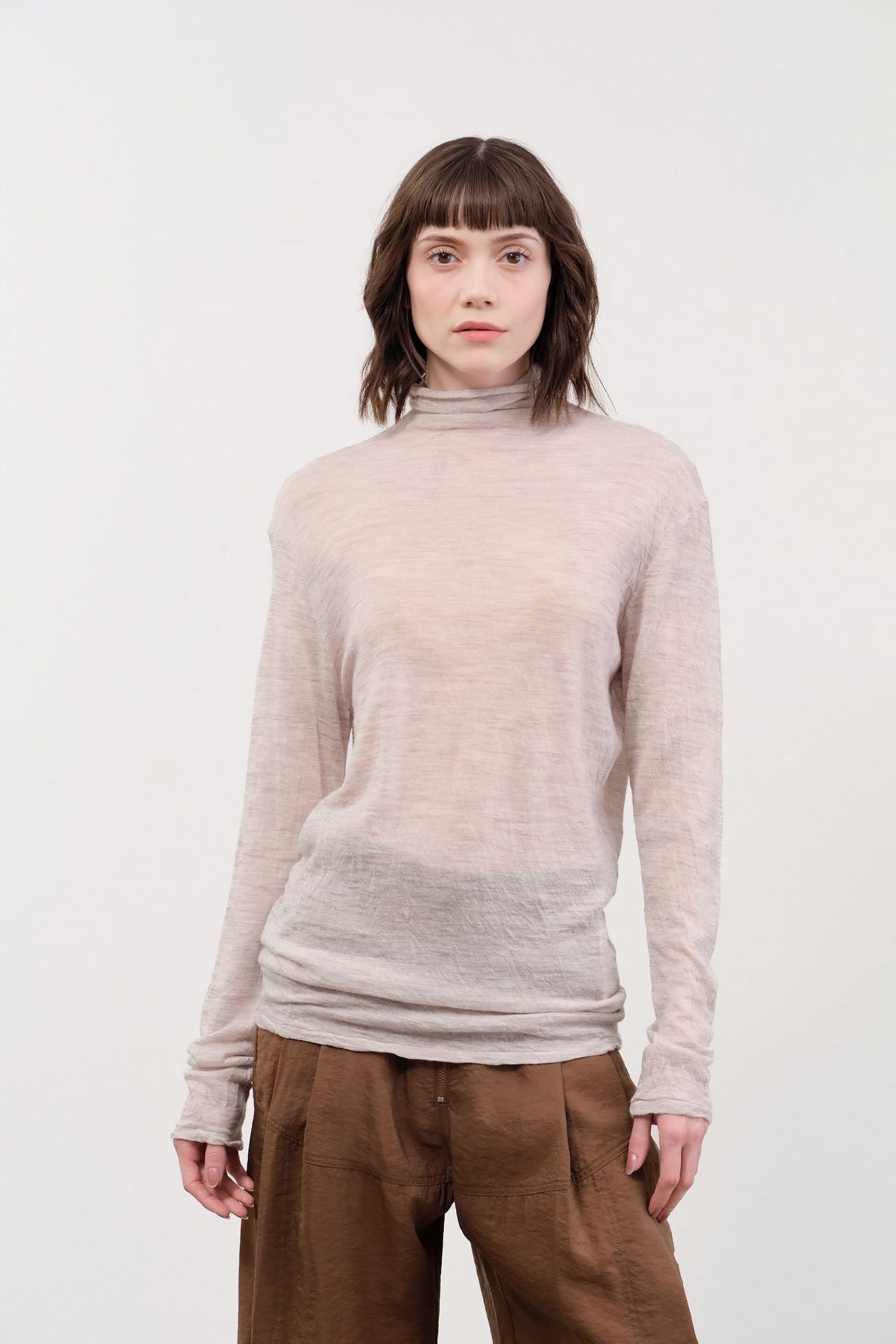 Pas de Calais Apparel Womens Sweaters Wool Gauze Crinkle Turtleneck Jersey Pullover in Ivory
