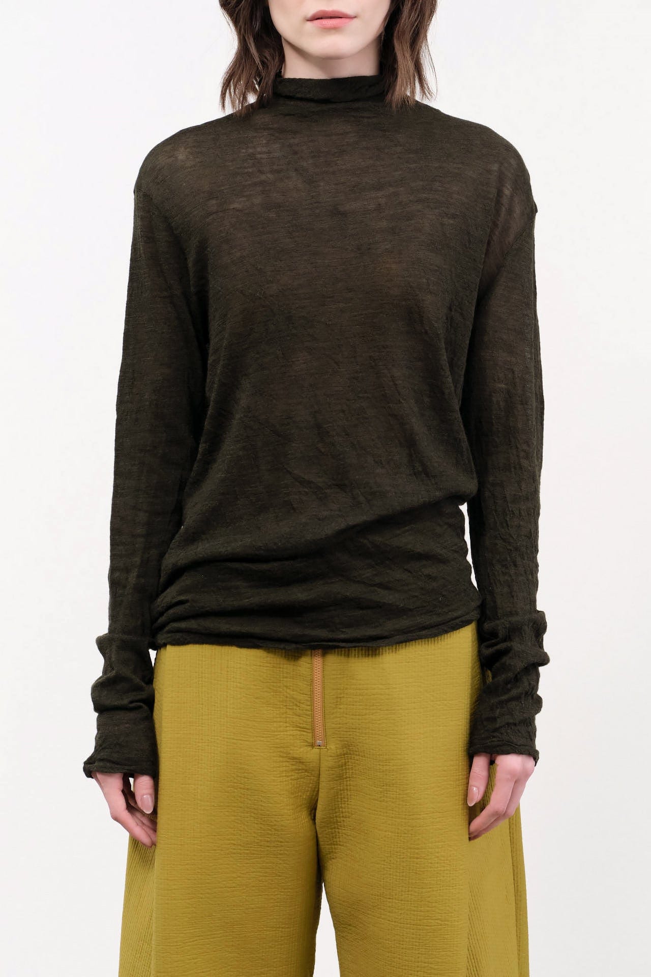 Pas de Calais Apparel Womens Sweaters Wool Gauze Crinkle Turtleneck Jersey Pullover in Khaki