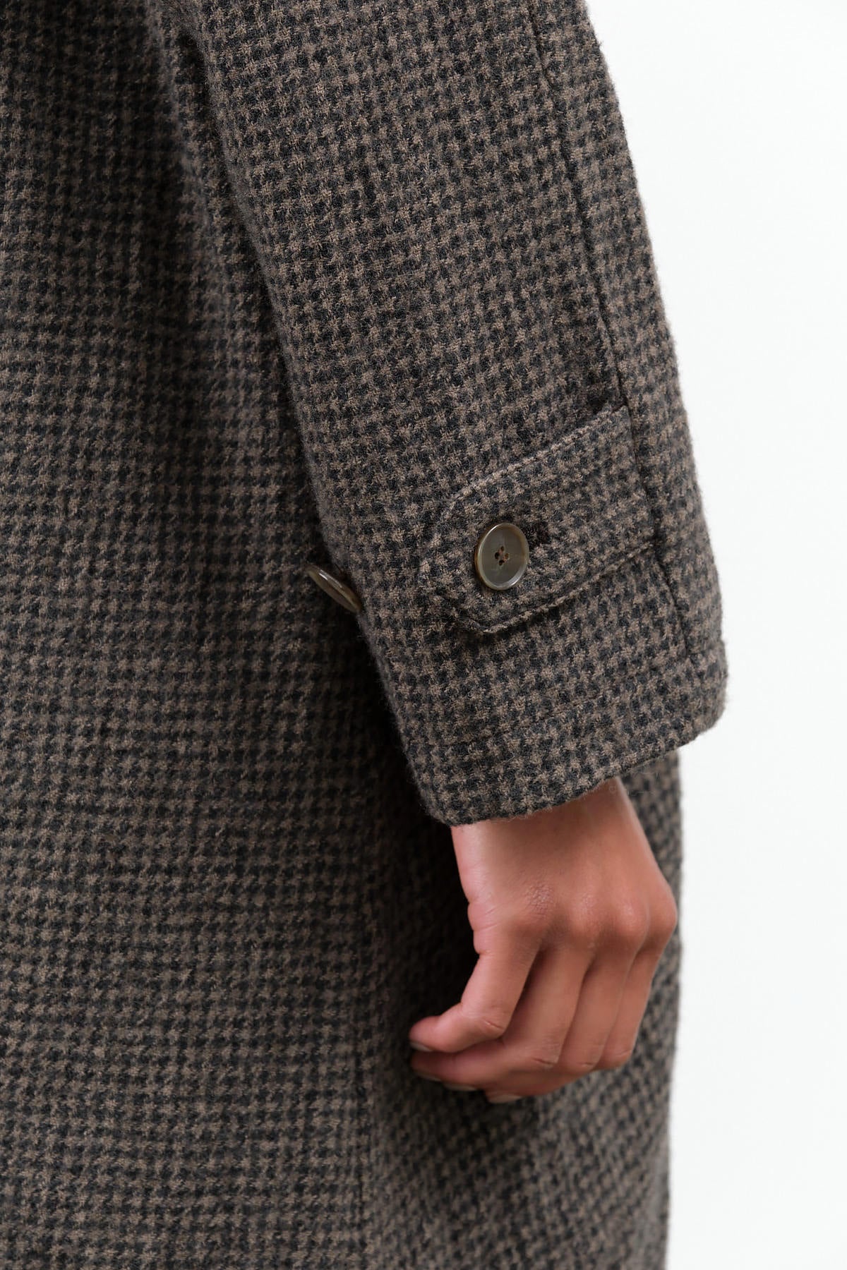 Beige Brown Plaid Long Button up Trench Coat with Pockets Wool Gauze Houndstooth Coat by Designer Brand Pas De Calais