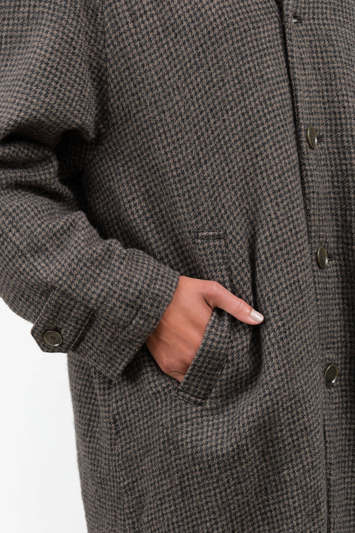 Long Button up Trench Coat with Pockets Wool Gauze Houndstooth Coat in Beige Brown by Designer Brand Pas De Calais